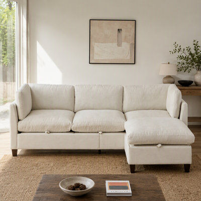 96.5"  Sectional Couch for Living room, Upholstered Soft Chenille Fabric Sofa, 3-Seater with One Ottoman L Shape Sofa