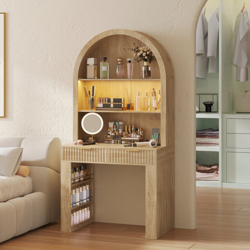 Writing Desk With Arch Hutch, Fluted Drawer & Storage Shelves, Modern Wood Computer Desk With Storage For Home Office, Bedroom, Small Space