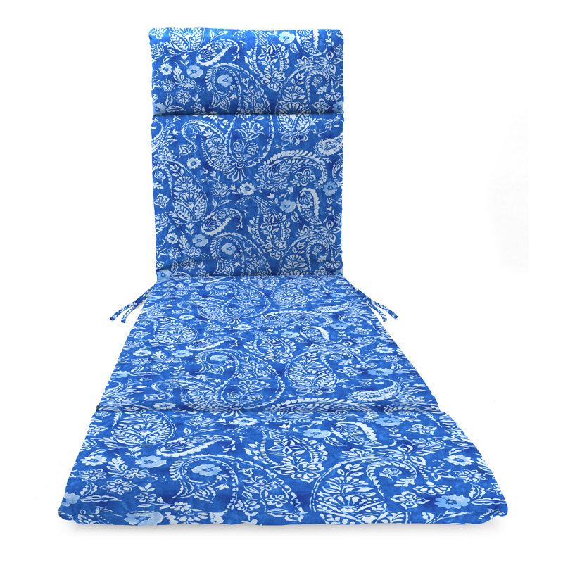 72" x 21" Keekee Bamboo Grey Floral Outdoor Chaise Lounge Cushion with Ties and Loop, Stone Blue Paisley