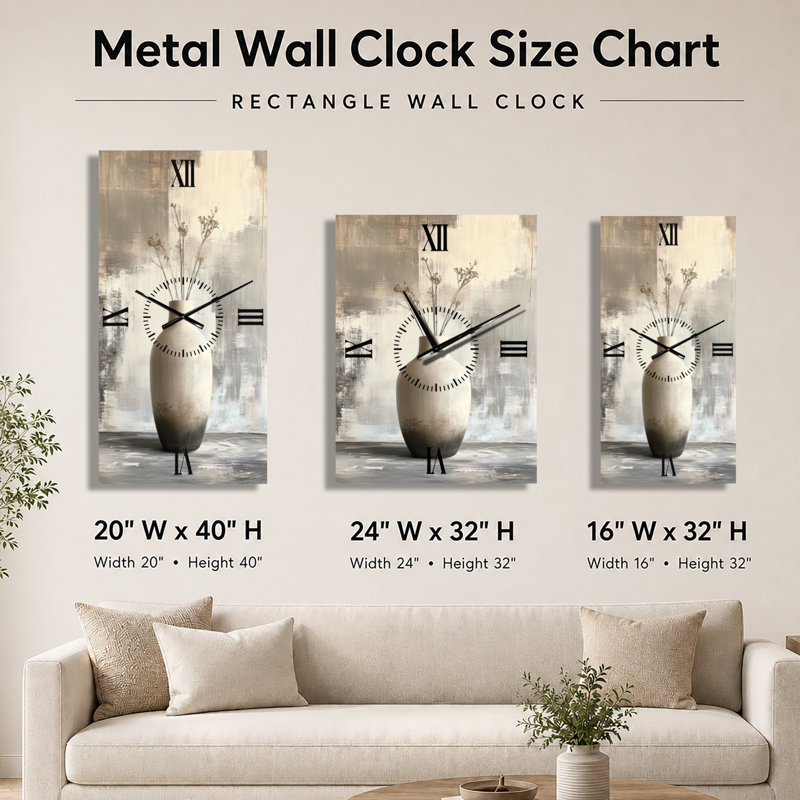 Vase en céramique moderne, forme I - Horloge murale Japandi, imprimée sur métal, H 32 po x l 24 po - Rectangle