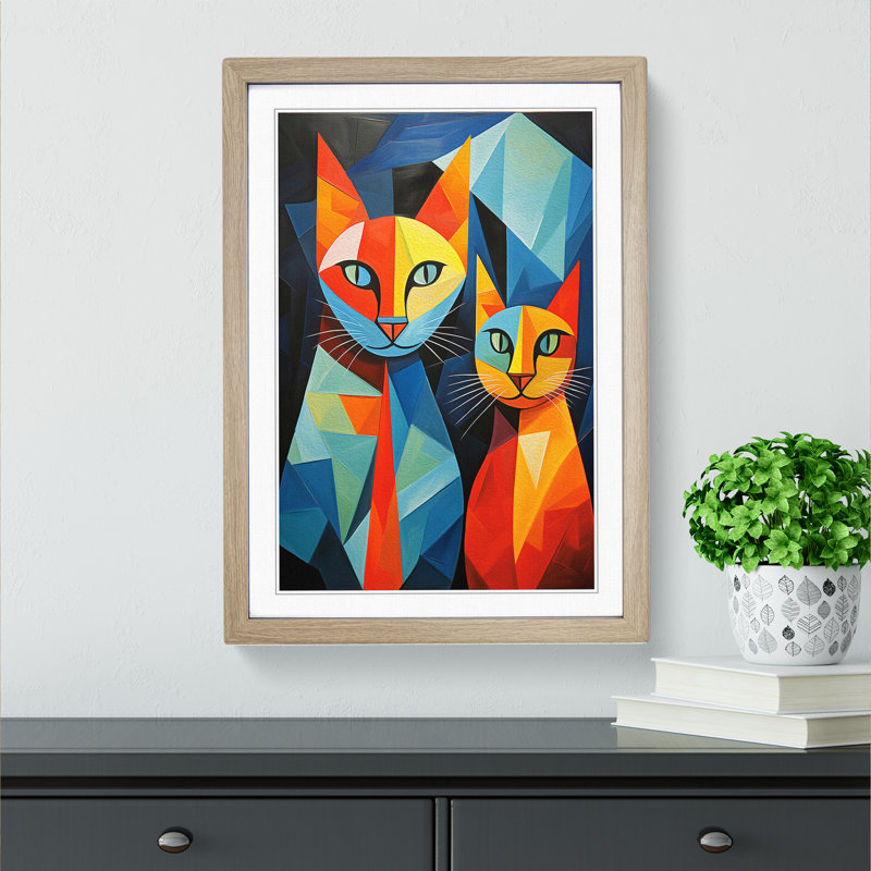 Egyptian Cat Cubism No.2 - Single Picture Frame Print on Wood, 46" H x 34" W x 2" D, Oak