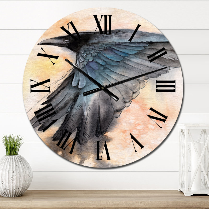 Corbeau noir déployant ses ailes - Horloge murale traditionnelle, Petit