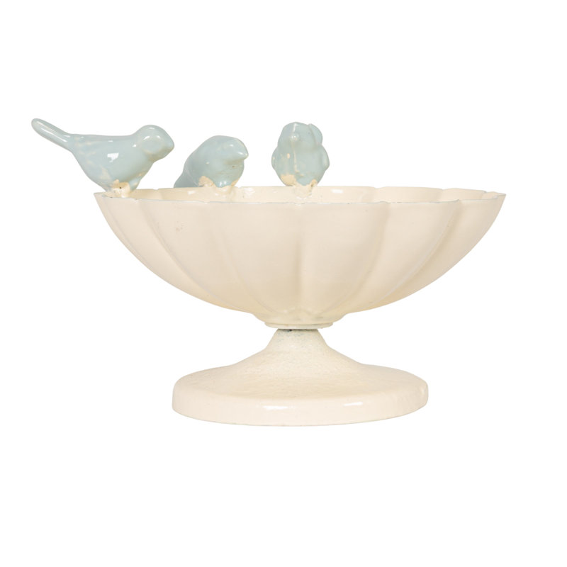 Decorative Metal Scalloped Bowl With 3D Birds On Rim, Antique White And Blue