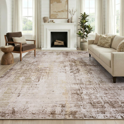 Distressed Modern Abstract Machine Washable Area Rug in Earth Tone Brown for Living Room or Bedroom
