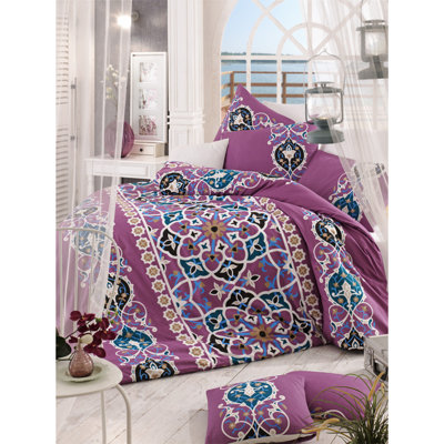 Ensemble de housse de couette double Elegant Ranforce, 100% coton, comprend une housse de couette 79 x 87, un drap plat 87 x 94 et des taies d'oreiller 20 x 28 (2) | Lavable à la machine, 140 fils, magnifique motif rose, blanc, crème, turquoise et bleu