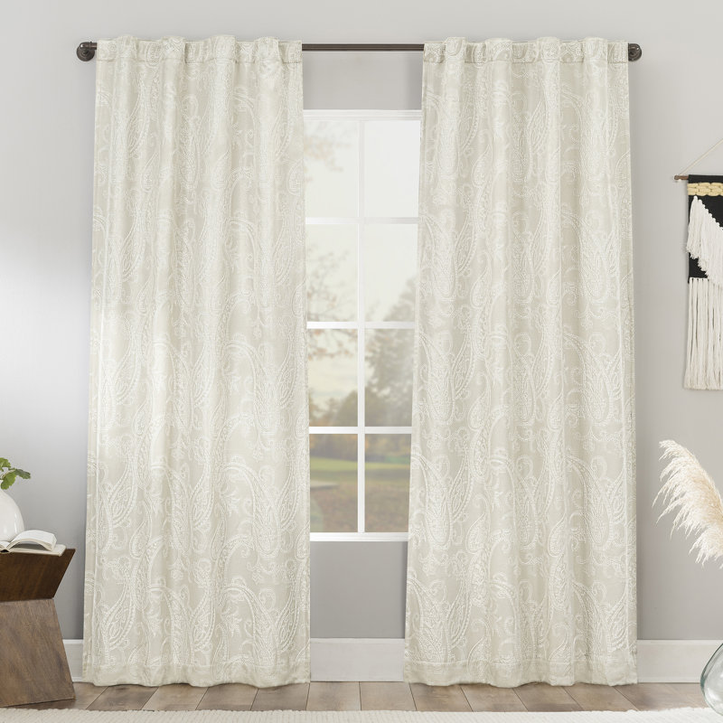Pedra Paisley Embroidery 100% Blackout Back Tab Curtain Panel, 40" W x 96" L, Pearl White