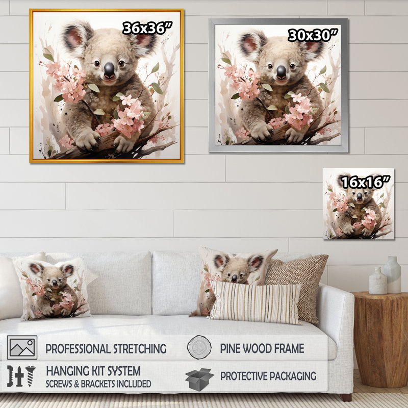 Koala, art floral doux, art mural koala, Cadre photo argenté, H 16 po x l 16 po x P 1 po