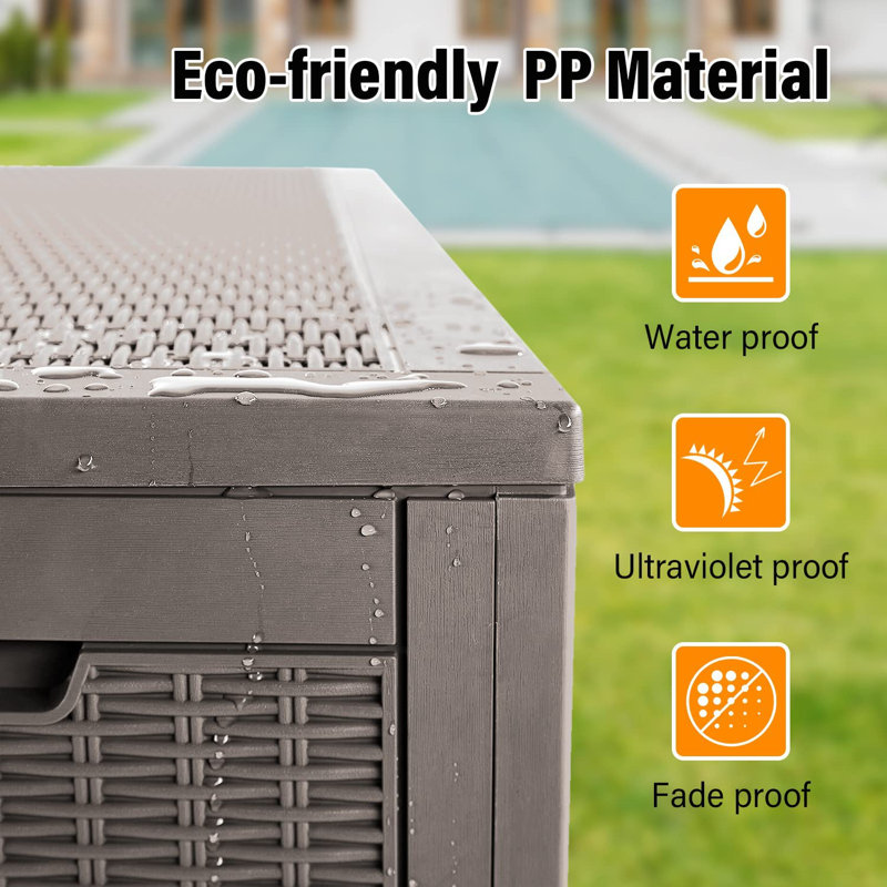 Tan Lockable Plastic 100 Gallon Deck Storage Box Bench