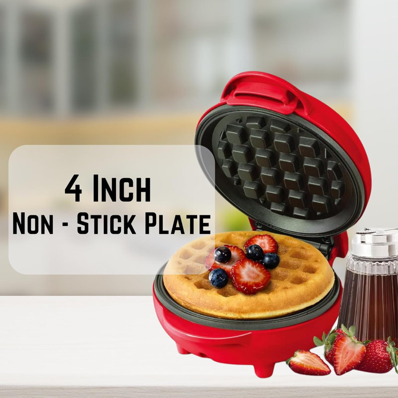 OVENTE Mini Waffle Maker Machine, 4-Inch Chaffle Mold with Non-Stick Surface, 550W Quick Heat-Up and Overheat Protection, Perfect for Breakfast, Dessert, Sandwich, Hash Brown or Snacks, Red WM215R