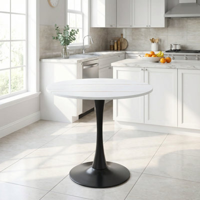 Contemporary Round Pedestal Dining Table with Solid Metal Base and Durable Engineered Wood Top for Compact Spaces