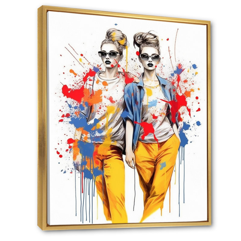 Jumeaux à la mode sur toile, Cadre flottant doré, H 40 po x l 30 po x P 1,5 po