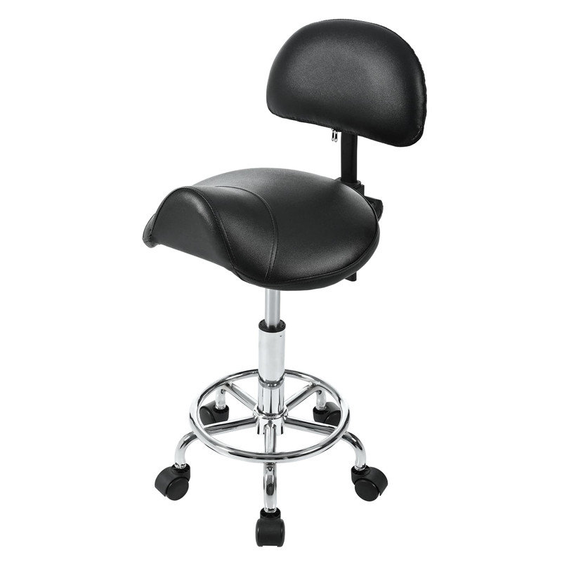 Saddle Stool with Back Support, Rolling Stools with Foot Rest, Ergonomic Adjustable Stool with Wheels, Backrest Adjustable Height & Angle for Salon Spa Tattoo Massage Swivel Stool Chair
