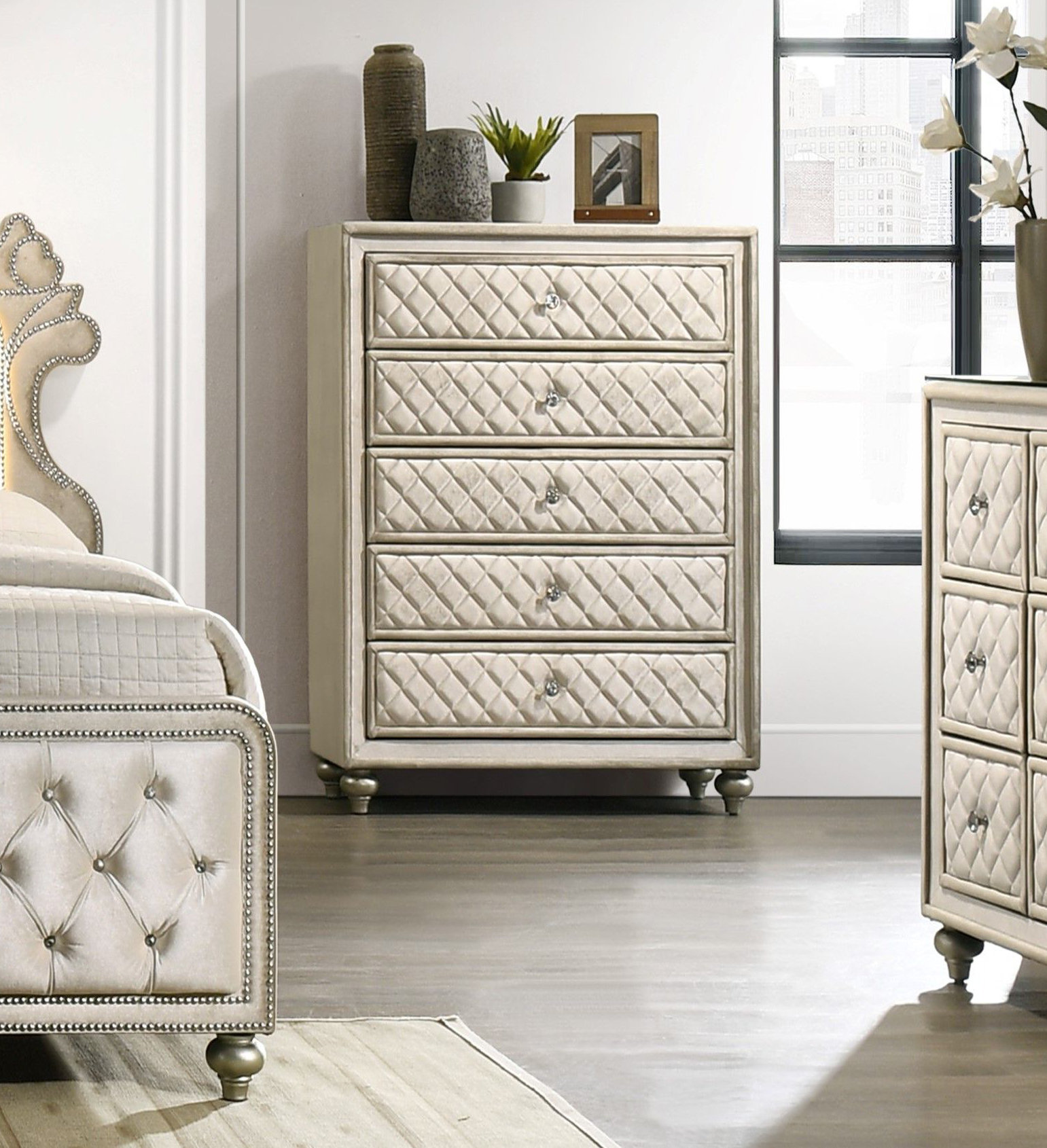 Rosdorf Park Joie Upholstered 5-Drawer Chest, Beige Velvet - Wayfair Canada