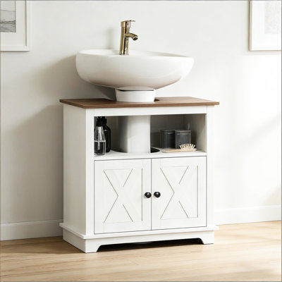 Armoire de rangement à piédestal, décor moderne avec empreintes en forme de X, conception en forme de U pour économiser de l'espace, rangement caché pour armoire double porte, tablette ouverte facile d'accès, surface lisse et propre,