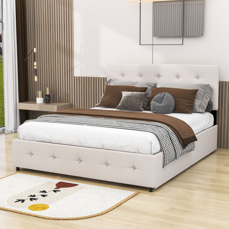 Linen Upholstered Platform Bed with Headboard and Drawers, Beige