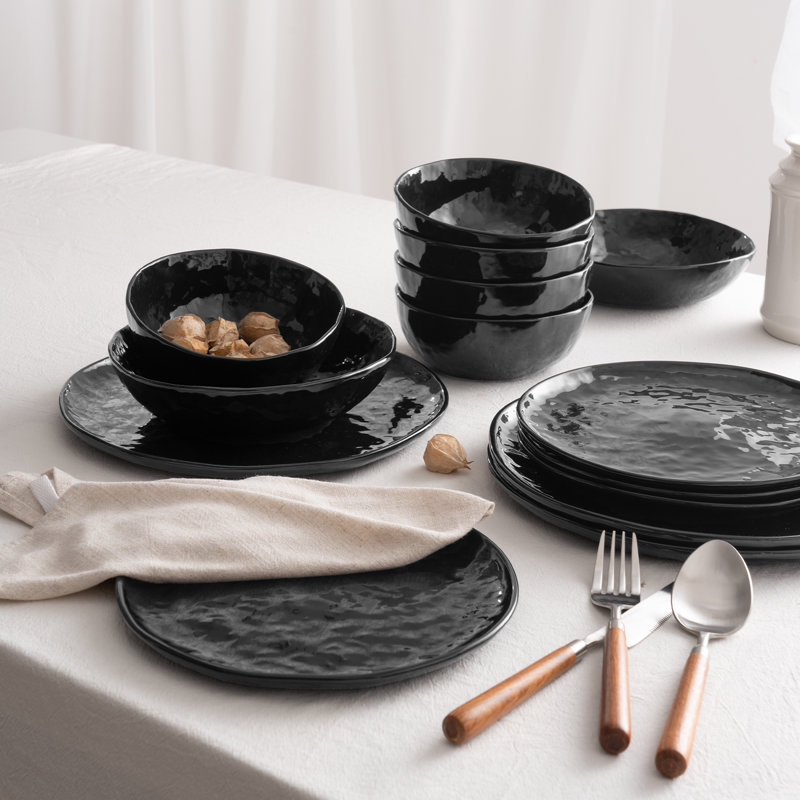 Ensemble 16 pièces d'assiettes et bols Sanjay, Noir lustré