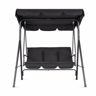 3-Seat Outdoor Porch Swing with Stand & Adjustable Canopy, Metal Frame, Thick Cushions, 500 lb Capacity for Patio Garden Deck, Black
