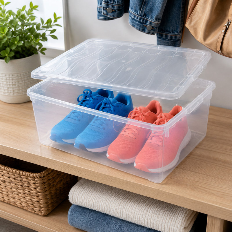 Contenant à chaussures Basicwise - Boîte transparente empilable de 6 pintes avec couvercle, petit bac en plastique pour chaussures, organisateur de placard, ajustement sécuritaire, transparent, 10,5 x 14 x 5,5 po, blanc