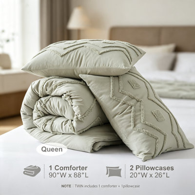 Ensemble de couette tuftée de style bohème, 3 pièces, couleur sauge brumeuse, pour lit queen