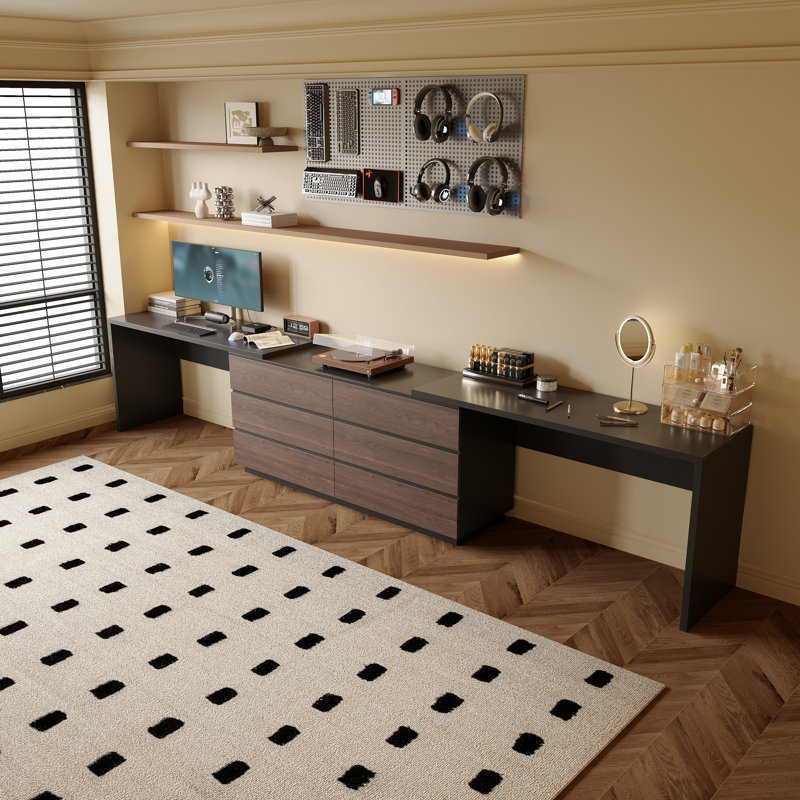 Bureau d'ordinateur extensible pour 2 personnes jusqu'à 144 po avec 6 tiroirs de rangement Modern Home Office, Noir / Noyer