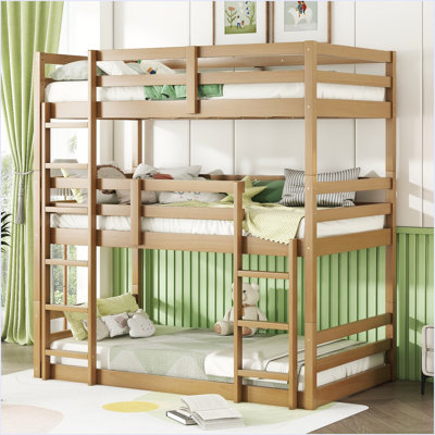 Triple lit superposé en bois d'hévéa avec deux échelles intégrées, garde-corps, simple sur simple sur simple
