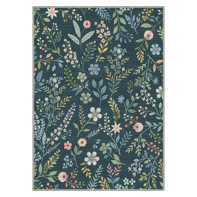 Cogswell BloomScape Floral Machine Washable Blue / Green Indoor Area Rug with Non-Slip Backing, Rectangle 6' x 9'