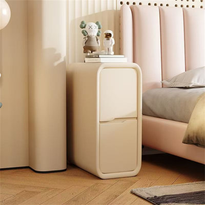 Slim Modern Nightstand With Two Drawers - Narrow Wooden Bedside Table With Premium Microfiber Leather Finish, Minimalist Dresser For Compact Bedroom Spaces