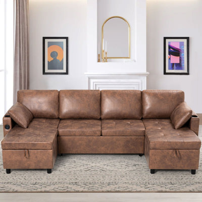 Canapé-lit modulaire en forme de U de 108 po avec dossier réglable, canapé-lit réversible escamotable avec rangement, canapé-lit en suède convertible avec port de chargement USB pour le salon, la maison