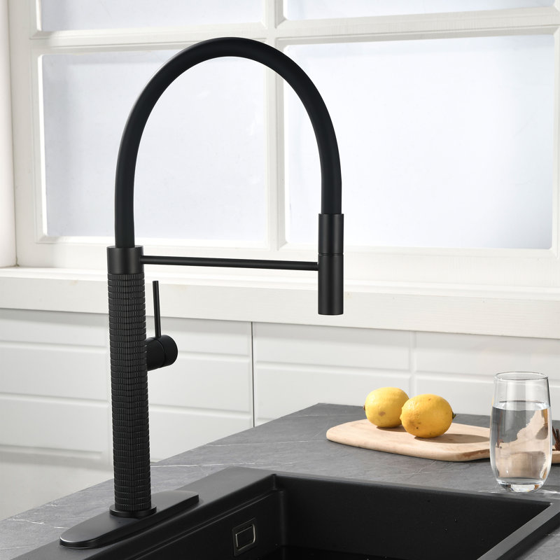 20"H Solid Brass Single Handle Single Hole Pull Down Kitchen Faucet, Matte Black