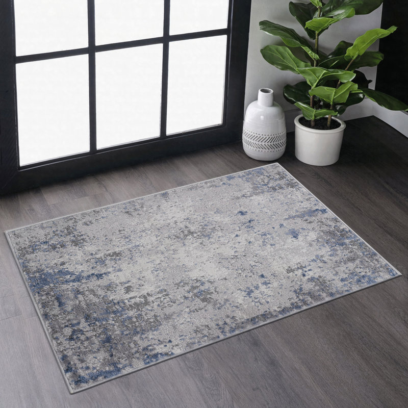 2x3 Silver Blue Abstract Doormat Rug, Modern Entryway Carpet with Non Shedding Low Pile Design, Silver, Rectangle 2' x 3'