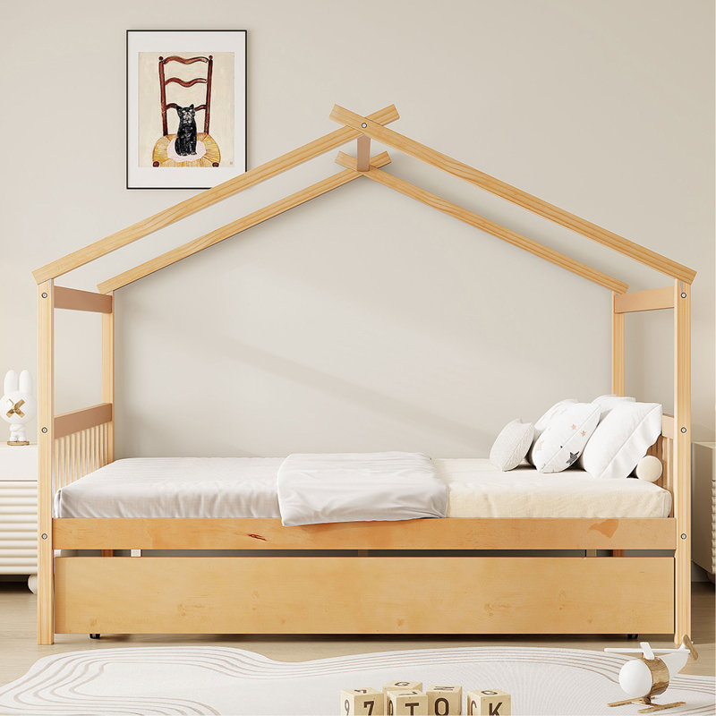 Lit double pleine grandeur avec lit gigogne simple, Naturel, Lit double