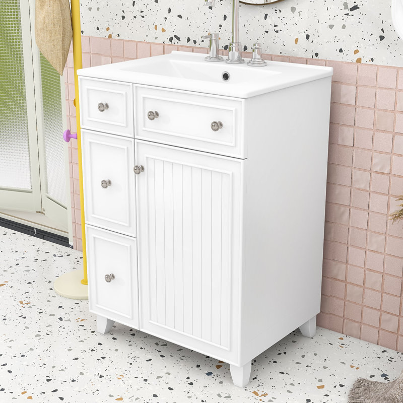 Chic 24-Inch 2 Drawers Bathroom Vanity with Ceramic Sink and Space-Saving Design, White, Silver