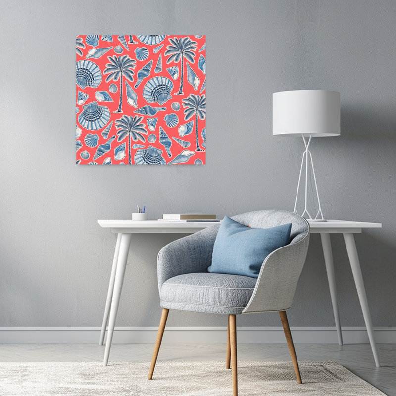 Art contemporain, palmier abstrait, plage, océan, Bleu/rouge, H 24 po x l 24 po