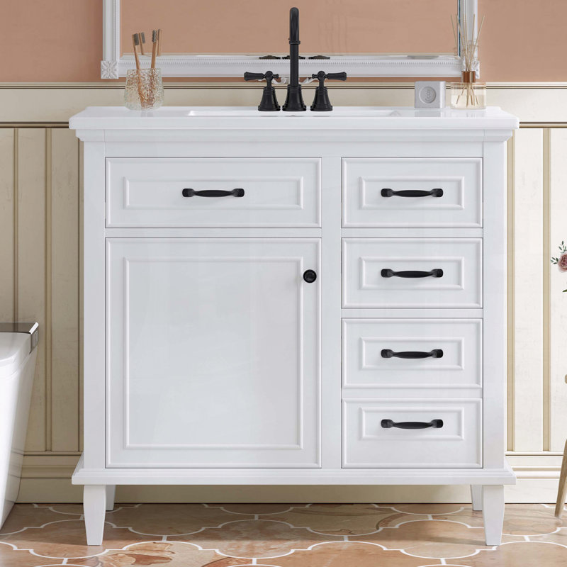 Meuble-lavabo moderne de 36 pouces avec lavabo en céramique et tiroirs rabattables, White