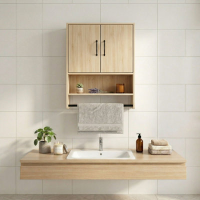 Wall Mounted Bathroom Cabinet With Towel Bar, Natural Color Storage Cabinet