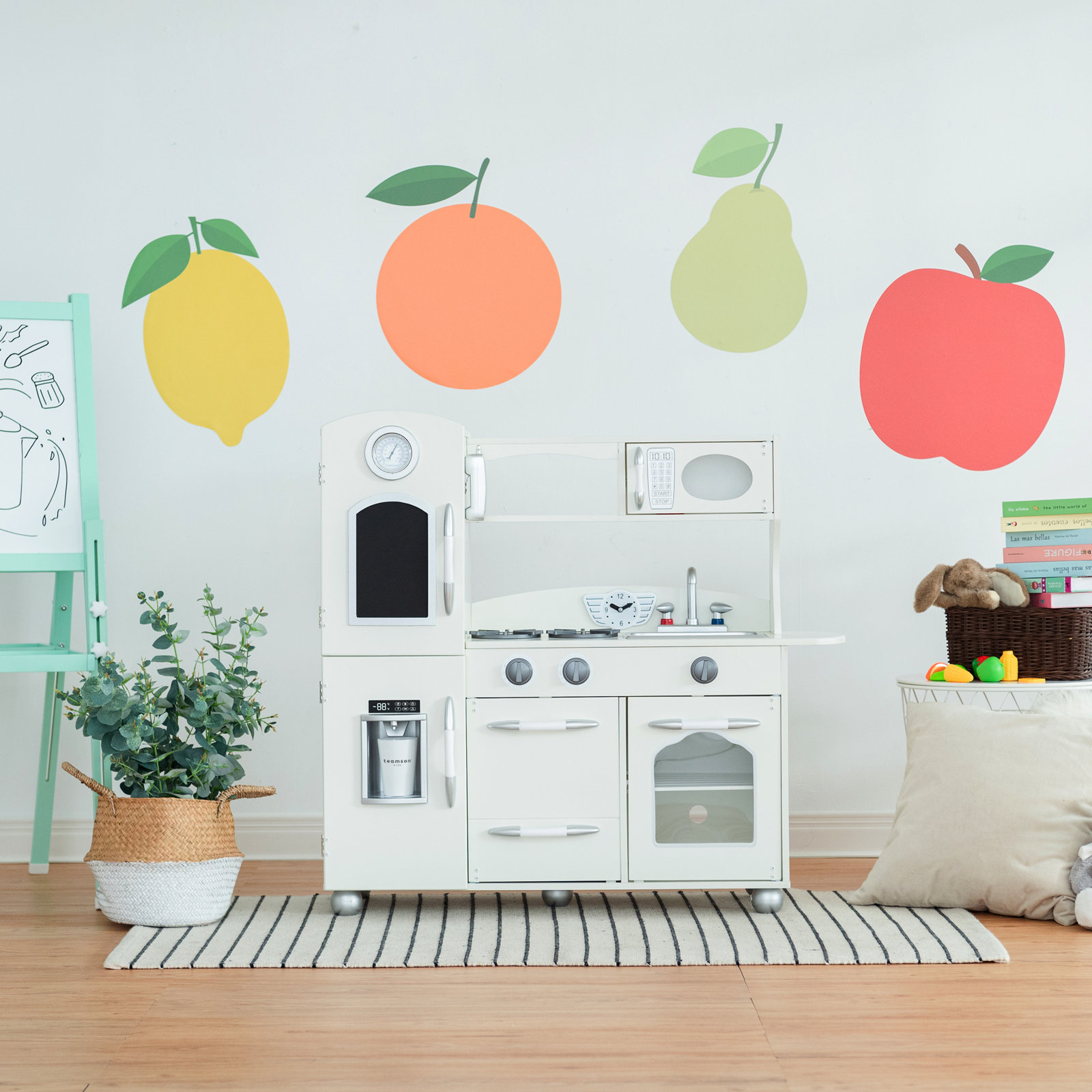 Teamson Kids Retro Wooden Play Kitchen with Chalkboard, Pretend Icemaker & Accessories, White
