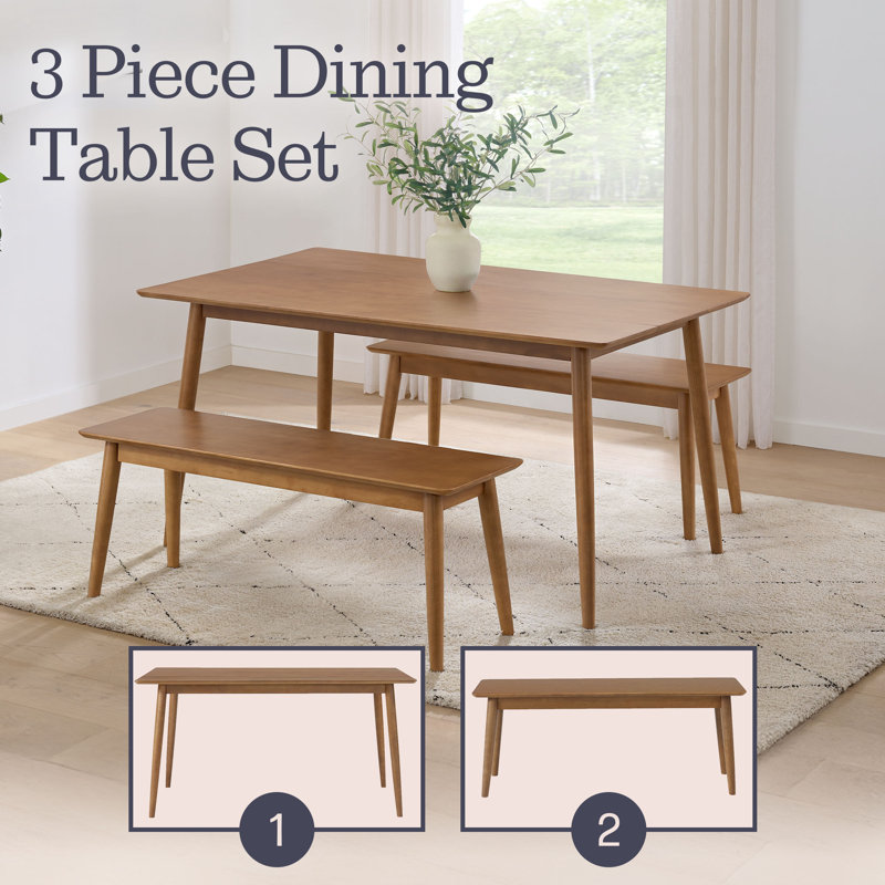  Ensemble de table de salle à manger 3 pièces pour 4 personnes avec bancs Furniture - Table de cuisine en bois massif de 59 po et deux sièges de banc de 46 po - Mobilier moderne de style Mid-Century pour salle à manger ou cuisine (pacane)