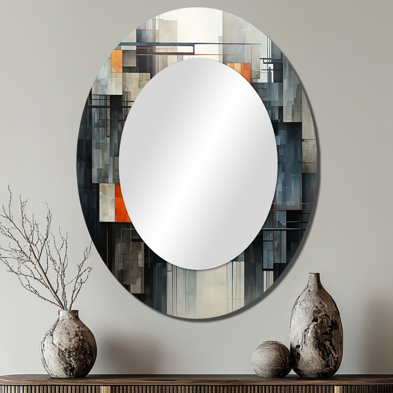 Hardedge Art Urban Geometry I - Gray Oval Wall Mirror Decor, 40" x 30"