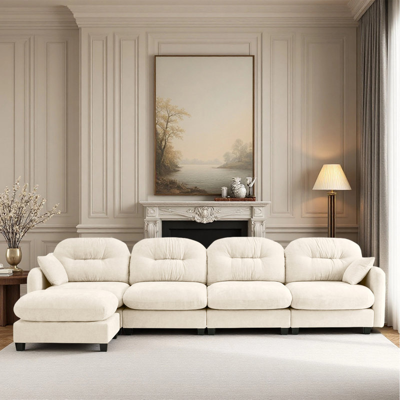 Sectional L Shaped Couch With Ottoman, Chenille Sofa, Beige Chenille