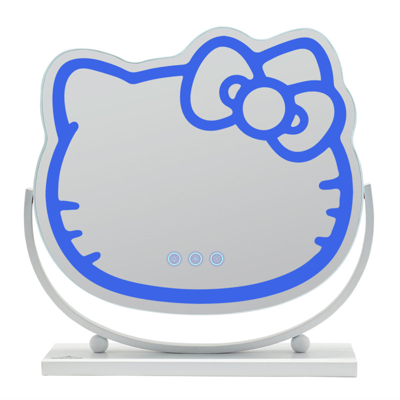 Miroir de maquillage lumineux Hello Kitty Kawaii avec inclinaison réglable et base en métal robuste, bouton de changement d'éclairage