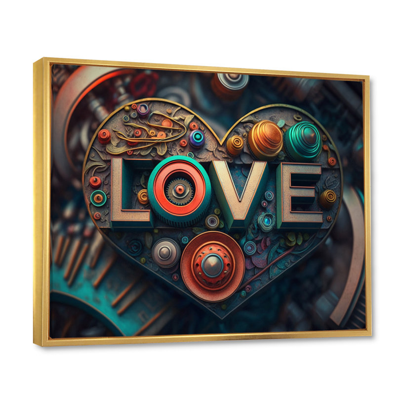 Amour inconditionnel sur sarcelle rétro - impression, H 30 po x l 40 po x P 1,5 po, Cadre flottant doré