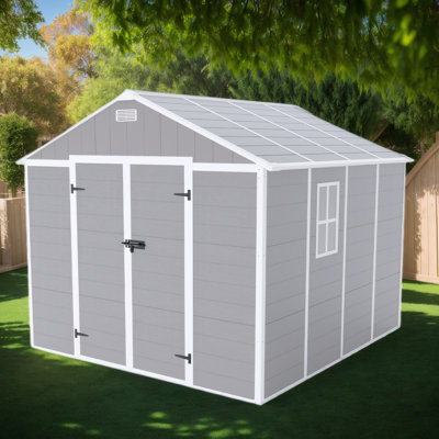 Remise de rangement en résine PP, imperméable, résistante à la rouille et aux rayons UV, panneau en PP de 12 mm d'épaisseur, fenêtre HD, plancher inclus