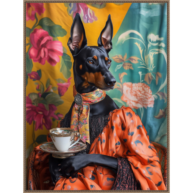 «The Tea Connoisseur Doberman» par Keyshanna, reproduction d'art sur toile encadrée, H 42 po x l 32 po