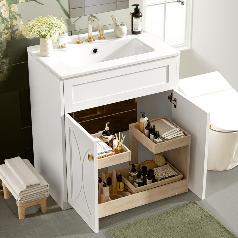 Meuble-lavabo autoportant moderne de 30 po avec lavabo en céramique, poignées dorées et portes à fermeture en douceur, Blanc