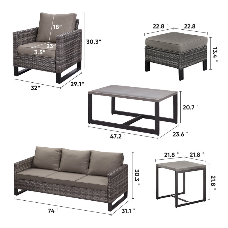 Naresa Wicker - Person Patio Conversation Set with Cushions, Gray, Gray