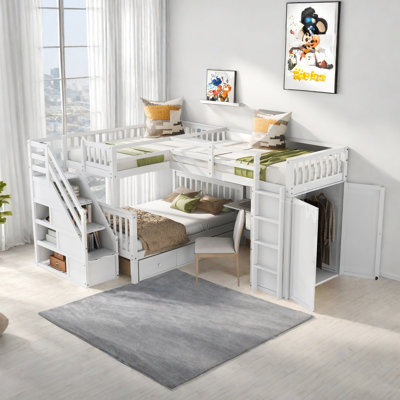 Twin-Twin Over Full L-Shaped Bunk Bed With 3 Drawers, Portable Desk And Wardrobe