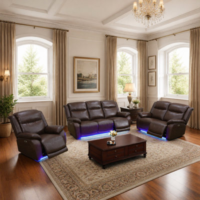 Ensemble de canapé de salon inclinable 3 pièces brun en cuir respirant avec lumières DEL