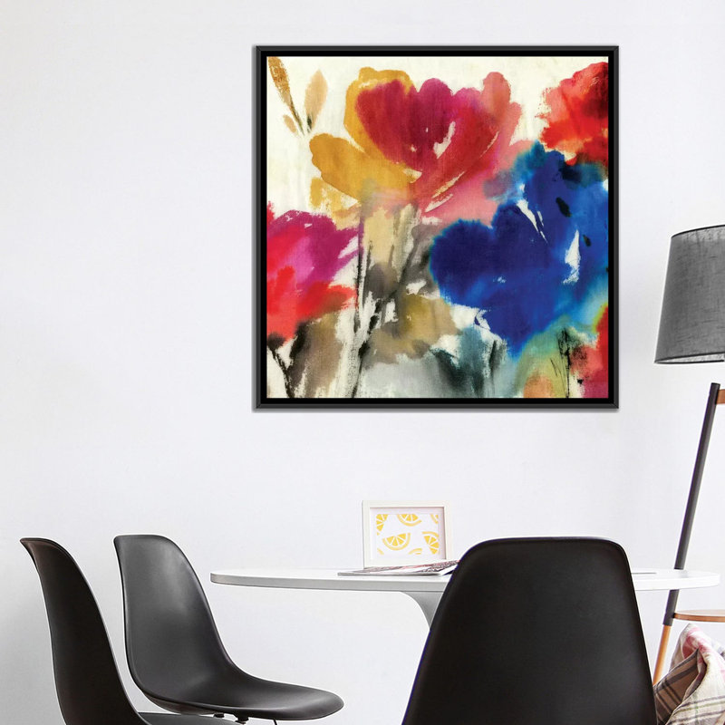 «Watercolor Florals I», reproduction sur toile, H 18 po x l 18 po x P 1,5 po, Toile avec cadre noir, Pas de tapis