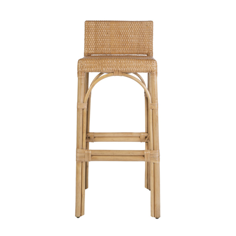 Serienna Blue & White Rattan Low Back Counter Stool, Natural Brown, Bar Stool (30" Seat Height)