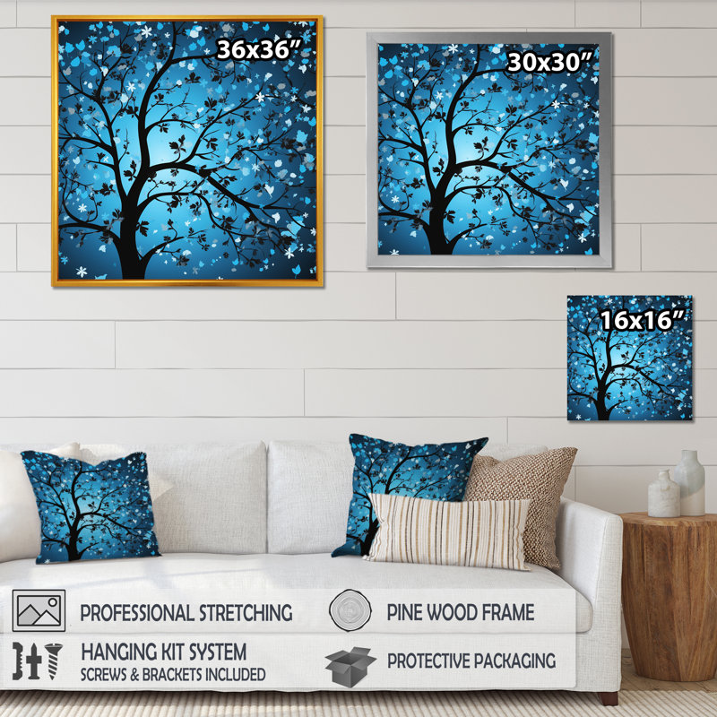 Arbre de lune bleu Revery III - art mural arbre, Or, H 36 po x l 36 po